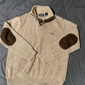 Chaps Men's Beige button up Sweater with Dark Brown Patches